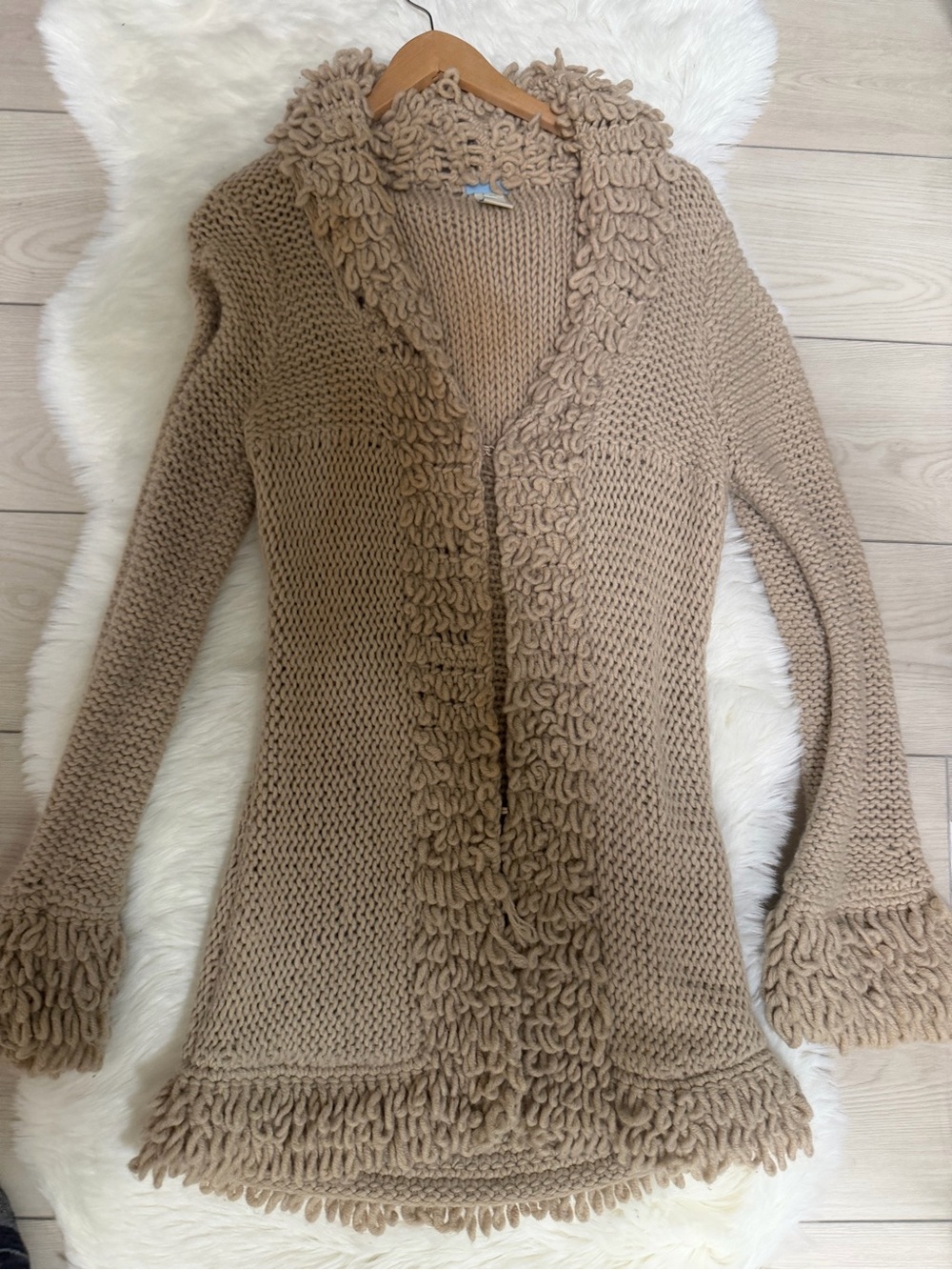 Cozy Loop-Trim Cardigan Sweater — Beige